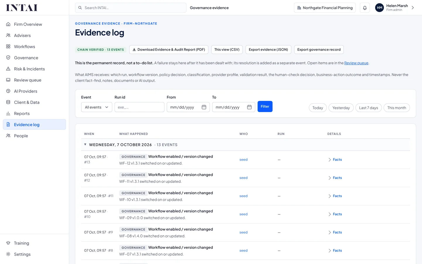 INTAI Governed AI firm evidence log with a verified evidence chain